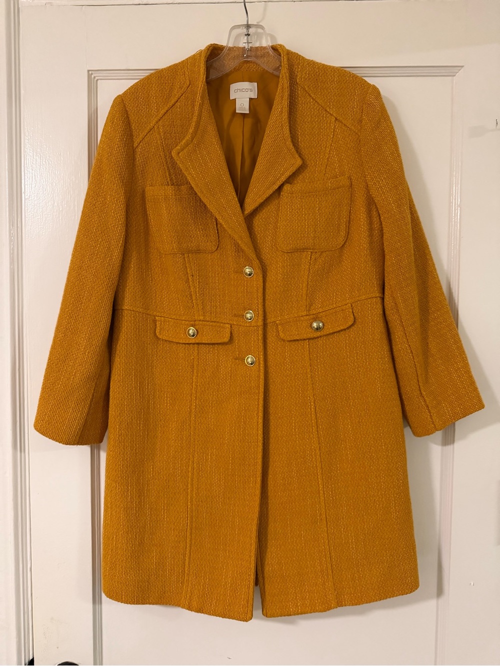 Chico's Golden Mustard Tweed Textured Coat